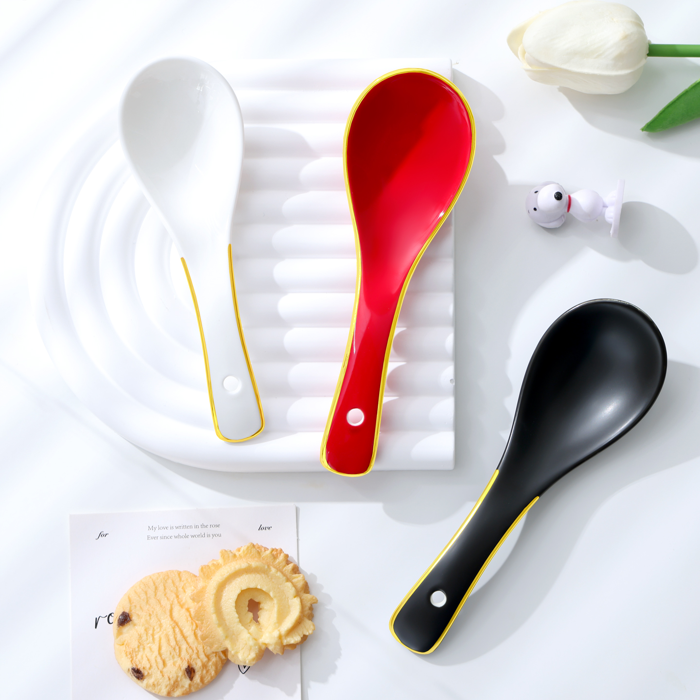 金边小勺家用汤勺商用陶瓷调羹酒店吃饭勺过年喜庆餐具喝汤勺子