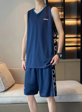 宽松夏季印花运动背心套装男