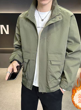 2025秋冬季新款加绒男士夹克帅气立领风衣外套潮流工装休闲上衣男