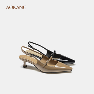 奥康女鞋2025春夏季新款穆勒鞋法式尖头后空小猫跟凉鞋清冷风单鞋