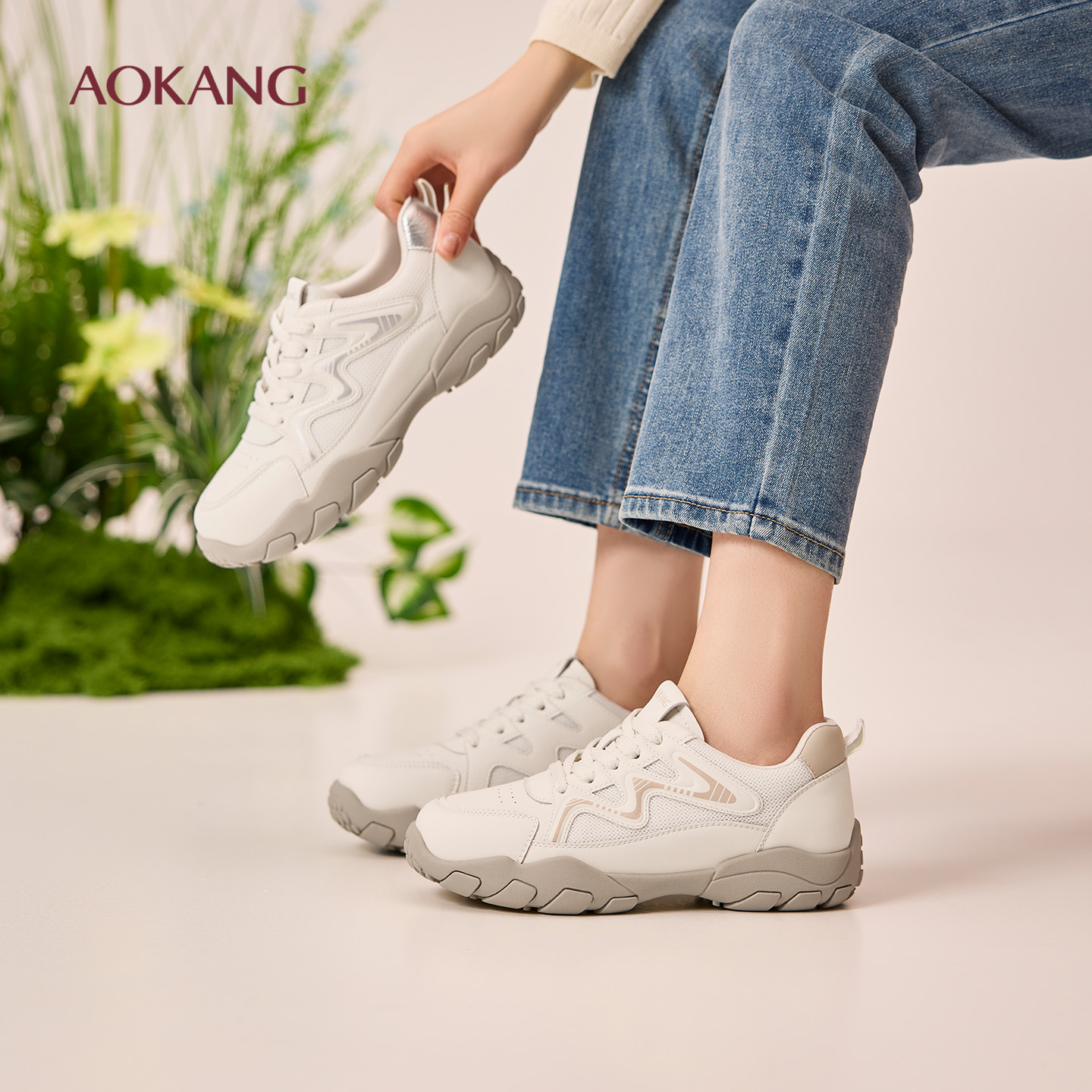 奥康 女鞋2026春季新款阿甘鞋拼接鞋面舒适透气休闲鞋门店发货