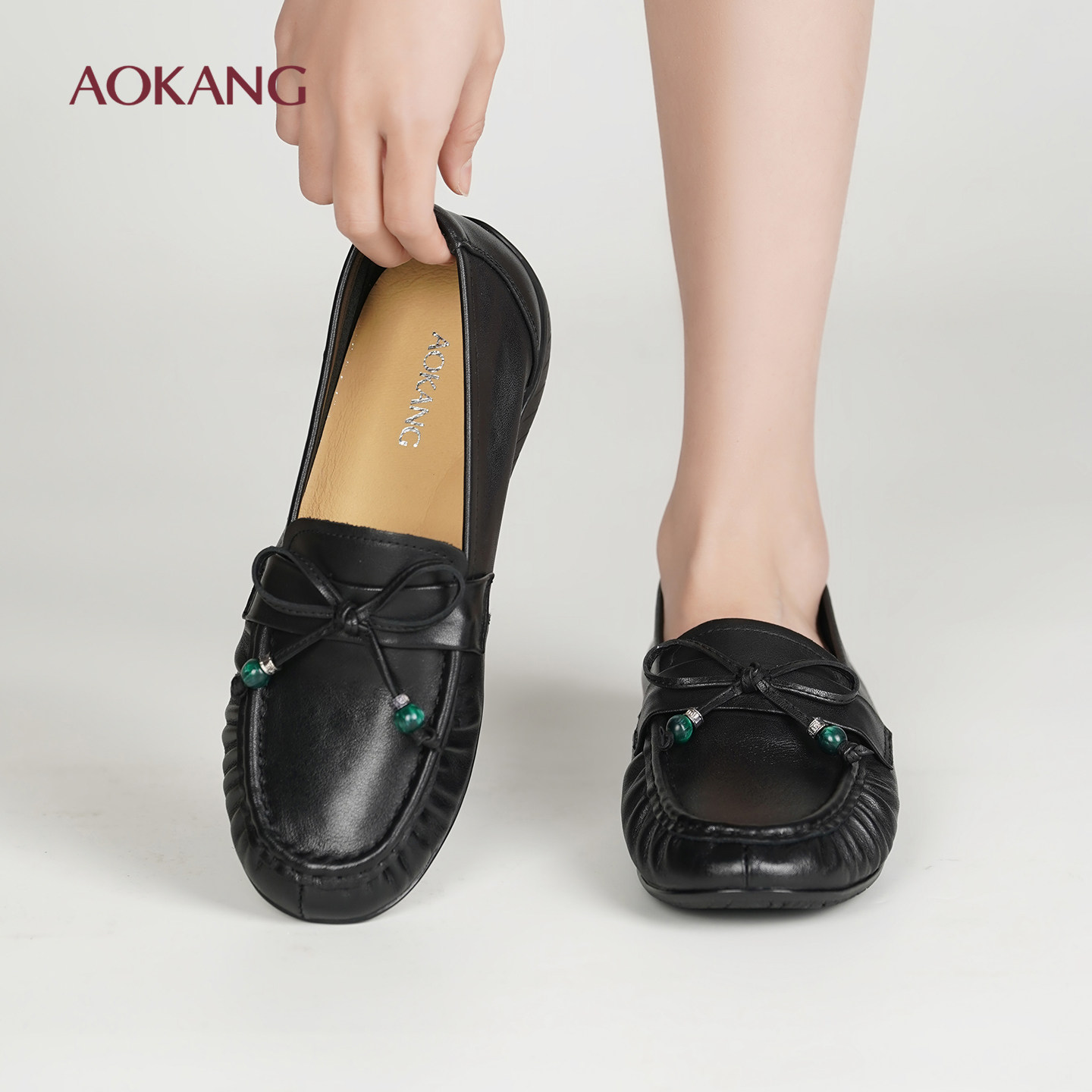 奥康 女鞋2026春季新款真皮蝴蝶结乐福鞋平底套脚软底软面豆豆鞋L,女鞋,乐福鞋（豆豆鞋）,淘宝优惠券,粉丝福利购,淘宝优惠卷