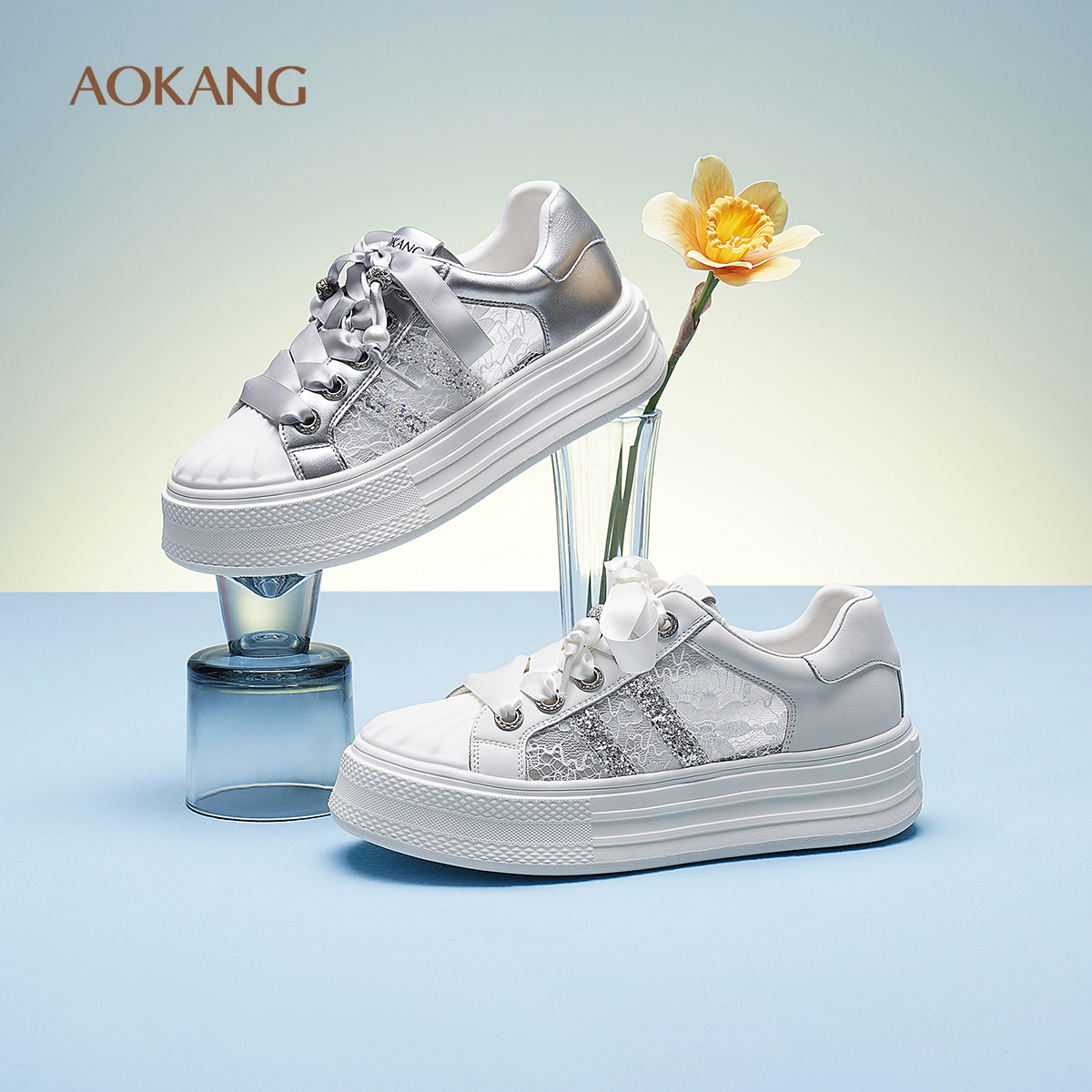 奥康 女鞋2025春季板鞋镂空蕾丝小众透气休闲运动鞋门店发货