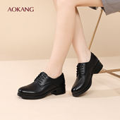 女鞋 真皮系带粗跟百搭工作鞋 秋季 奥康 新款 英伦风单鞋 中年妈妈鞋