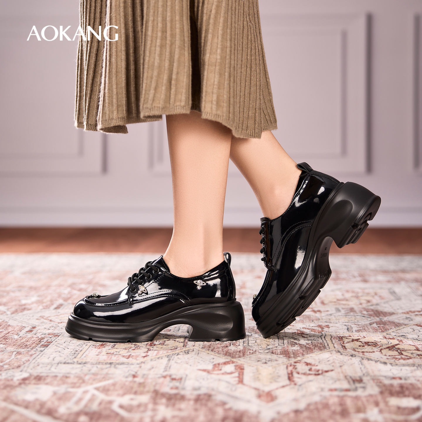 奥康 女鞋2025秋季乐福鞋松糕底增高英伦风小皮鞋厚底门店发货