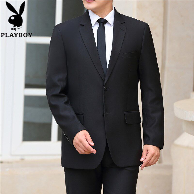 花花公子西装男士套装新款二件装宽松正装西服外套结婚黑色伴郎服