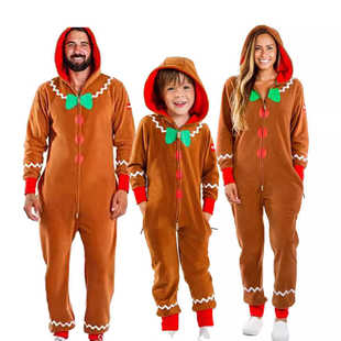 圣诞节亲子装 姜饼人连体睡衣儿童家居服男女童加绒保暖情侣套装