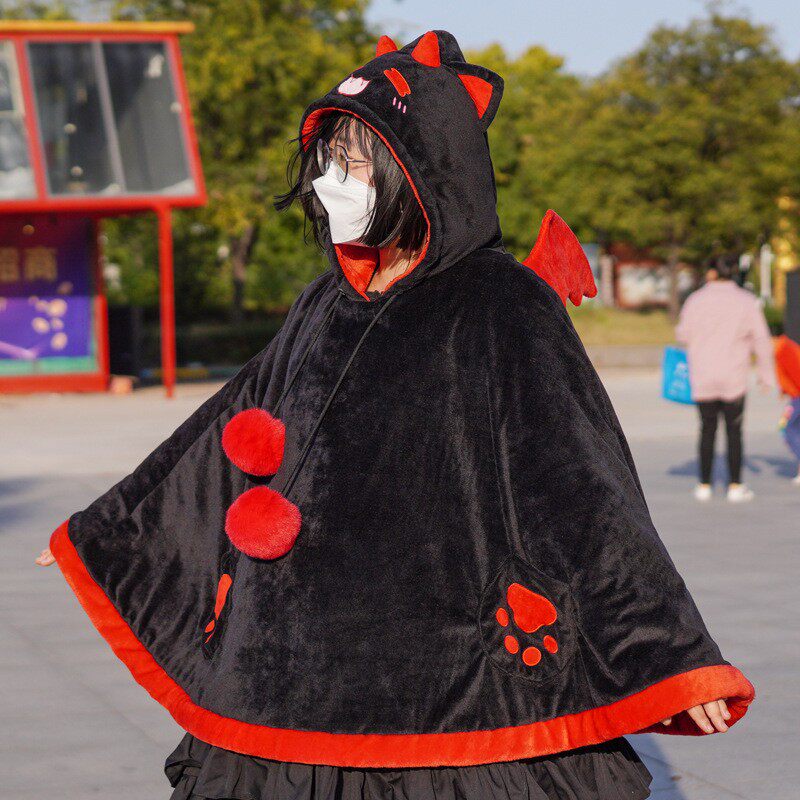 怠惰恶魔喵连帽斗篷卡通蝙蝠猫耳加绒厚日系女软妹披风外套学毛毯
