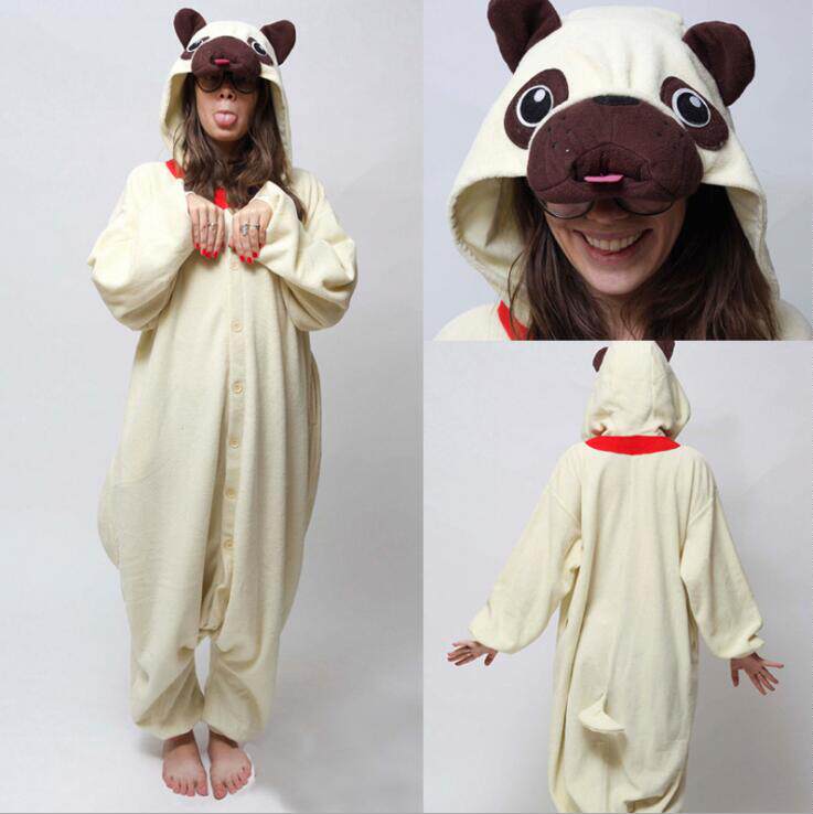 原版吐舌狗卡通动物连体睡衣成人连帽摇粒绒家居服哈巴狗 onesie