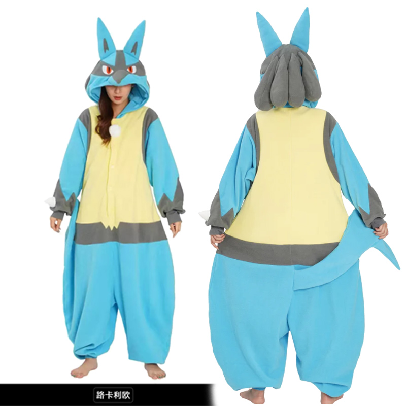 外贸出口Pokemon宝可梦路卡利欧卡通连体睡衣动漫情侣COS演出服绒