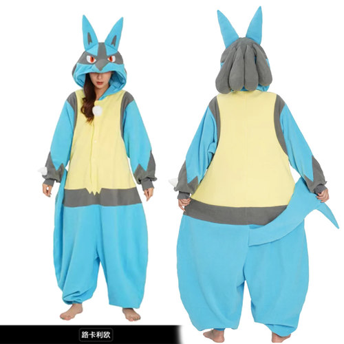 外贸出口Pokemon宝可梦路卡利欧卡通连体睡衣动漫情侣COS演出服绒