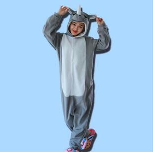 秋冬加厚情侣套装睡衣犀牛卡通连体睡衣成人动漫男女家居服onesie