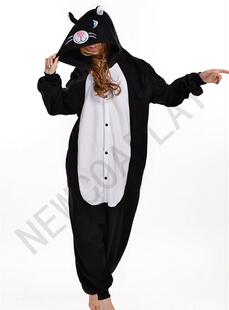 演出onesie 成人男女情侣加厚睡衣黑猫白猫卡通动物连体家居服套装