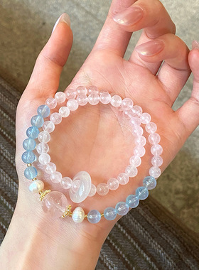 喜金平衡稳定天然白水晶双圈手链海蓝宝粉晶九尾狐招财手串