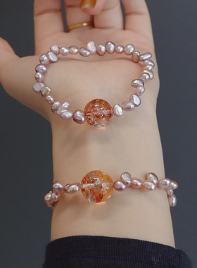 复古巴洛克风花瓣天然淡水珍珠气质手链金箔水晶手串轻奢高级手链