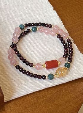 新中式复古双圈天然石榴石多宝手串草莓晶黄塔晶翡翠玛瑙气质