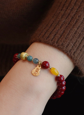 朱砂手串女本命年天然蓝水翡翠葫芦手链福禄生财古风手串新中式