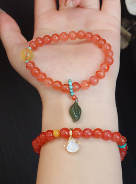 天然冰飘川料南红手串单圈和田玉树叶吊坠高级感设计新中式手串