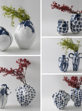 蓝色手绘异形花器花瓶插花装饰品