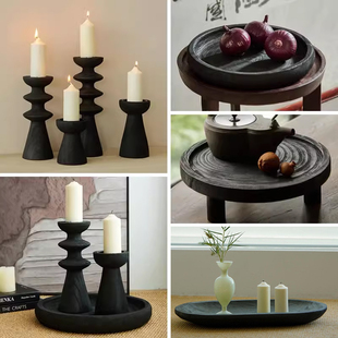 高级复古黑色泡桐木层叠烛台圆形果盘摆件客厅样板间居家艺术装饰