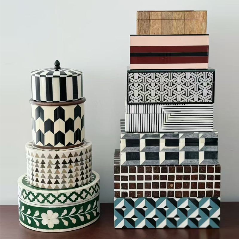 印度进口牛骨拼接首饰盒托盘卧室梳妆台衣帽间高档奢华格子收纳盒