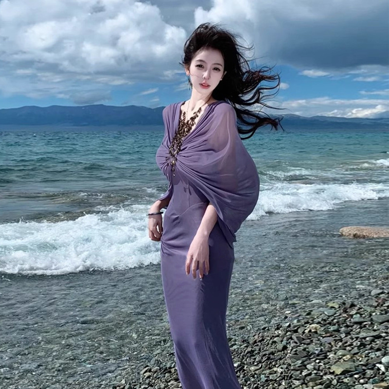 高级感紫色抹胸连衣裙女御姐设计感假两件包臀裙无袖抹胸鱼骨裙子