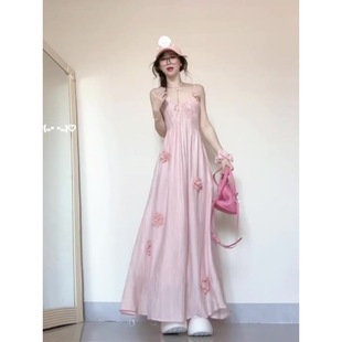 长裙裙子 法式 粉色花朵吊带连衣裙女装 夏季 绝美海边度假沙滩裙修身