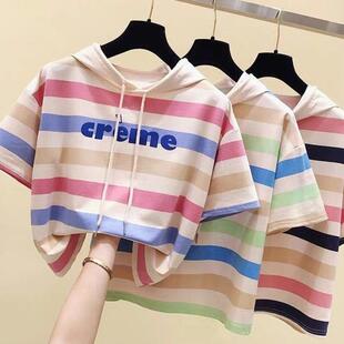 女童中袖T恤2025短袖t恤女学生宽松百搭条纹短袖上衣韩版拼接卫衣