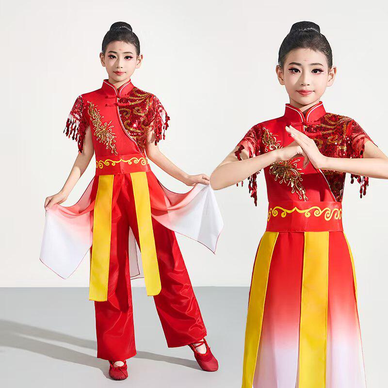 中国风儿童演出服男女红色喜庆舞