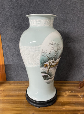 景德镇陶瓷艺术瓷厂1973全手工手绘雪景山水美人鱼花瓶收藏摆件