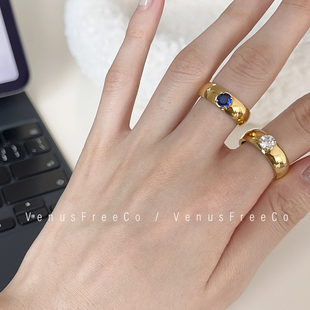 定制法式欧美叠戴日常18k镀金大颗宝石白钻深蓝戒指环光面简约