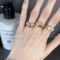 3选 法式彩色宝石18k镀金可颂螺纹紫粉白钻戒指日常叠戴夸张大颗