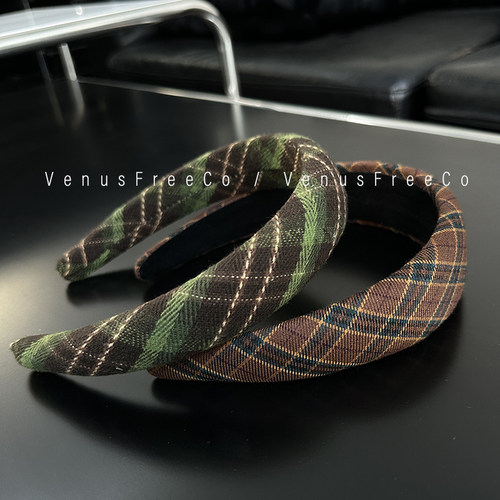 定制质感秋冬氛围感糖炒栗子棕深绿学院风格纹海绵高颅顶发箍日常