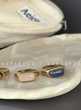 秋冬质感天然宝石18k镀金透白棕色金丝蓝椭圆法式氛围高级感戒指