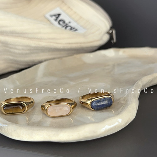 秋冬质感天然宝石18k镀金透白棕色金丝蓝椭圆法式氛围高级感戒指