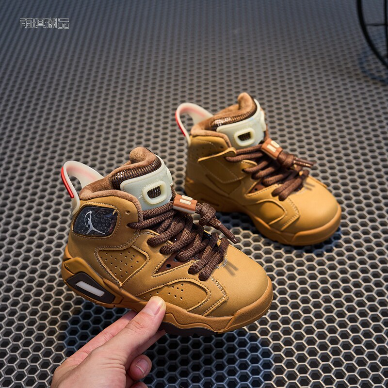 儿童棉鞋加绒真皮跑步男童篮球鞋