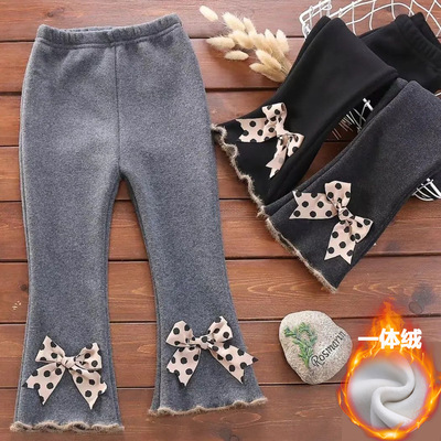 女童加绒微弹喇叭裤秋冬韩版网红宝宝一体绒裤子小童洋气打底裤