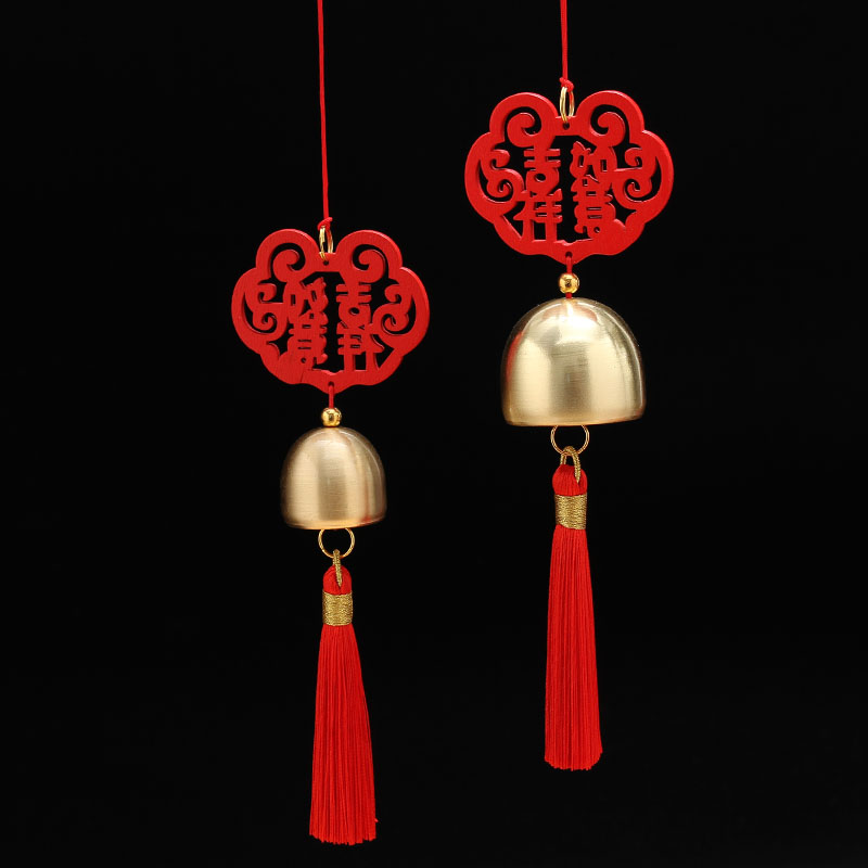 纯铜吉祥如意锁流苏小铃铛木牌