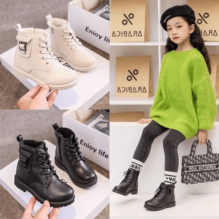 白色童鞋女童靴子男童秋冬款加绒皮鞋公主鞋女孩马丁靴表演短筒靴