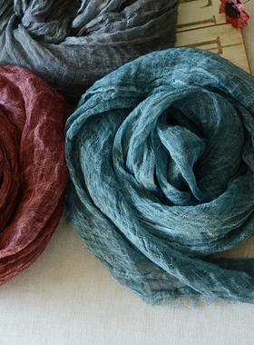 围巾女士孔雀蓝色春秋季亚麻围巾纯色百搭薄款个性棉麻长丝巾夏天