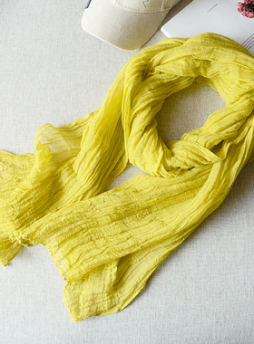 春秋季亚麻围巾文艺肌理褶皱姜黄色棉麻围巾柠檬黄芥末黄色丝巾