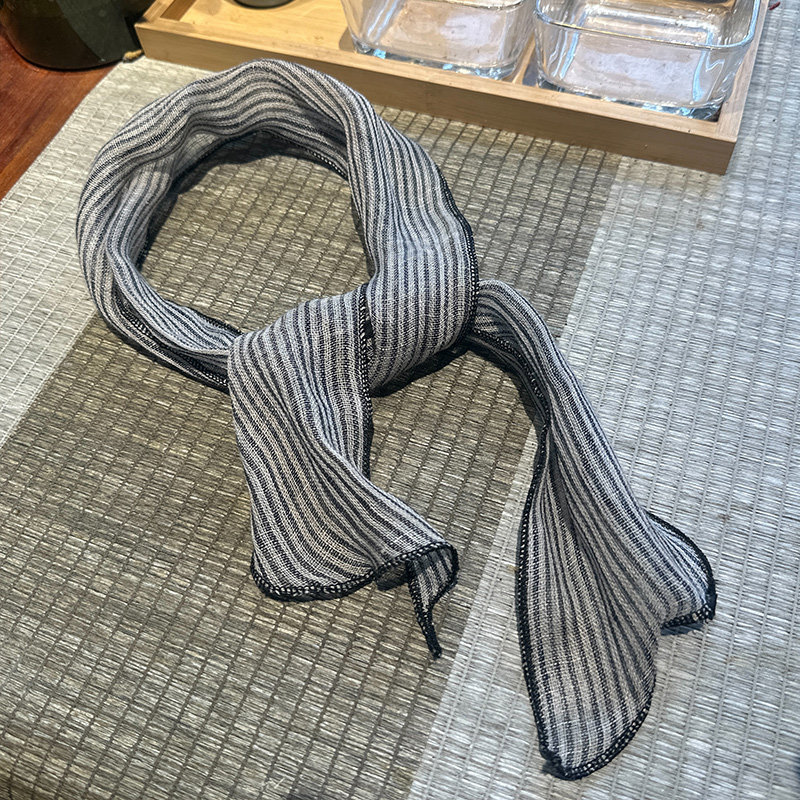 夏季简约亚麻藏青波点细长条护颈小领巾百搭条纹小丝巾发带头巾女