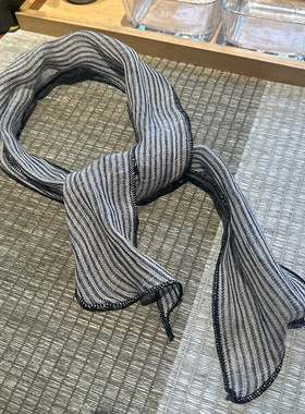 夏季简约亚麻藏青波点细长条护颈小领巾百搭条纹小丝巾发带头巾女