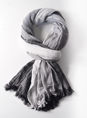 新款日系良品棉麻围巾男女中性个性深灰色蓝白渐变围巾文艺范休闲