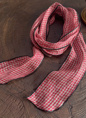 复古日系文艺红色格子亚麻小丝巾韩系窄版长条时尚领巾通勤配饰女