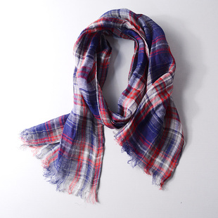 纯亚麻围巾小尺寸夏天细长窄小围巾薄款红格子休闲时尚个性棉麻