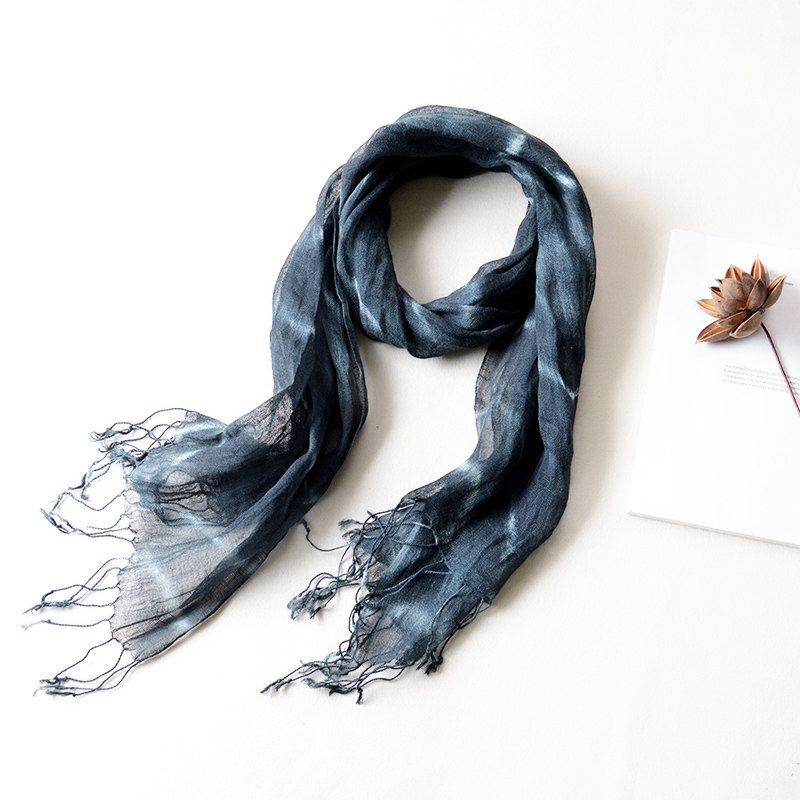 纯亚麻黑绿色细长窄小尺寸围巾