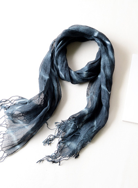 日系高档夏季薄款围巾纯亚麻复古扎染黑绿色渐变围巾细长窄小尺寸