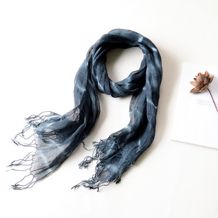 日系高档夏季薄款围巾纯亚麻复古扎染黑绿色渐变围巾细长窄小尺寸