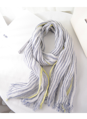 亚麻围巾夏季条纹个性文艺百搭装饰护颈防晒围巾丝巾蓝色条纹